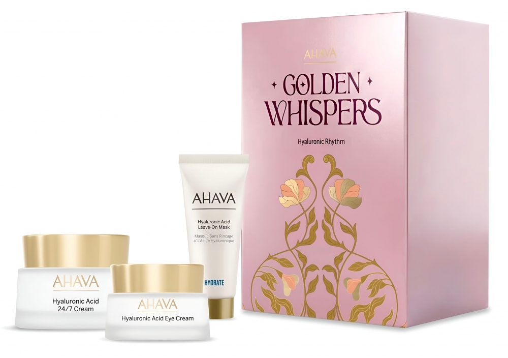 Nydelig AHAVA gavesett til ansiktet med fuktighetsbindende Hyaluronsyre og nærende Dead Sea Minerals: Fullsize Hyaluronic Acid Cream 24/7 (dag og natt) 50ml, Fullsize Hyaluronic Eye Cream 15ml og Hyaluronic Acid Leave-on Mask 15ml gir myk og god hud.