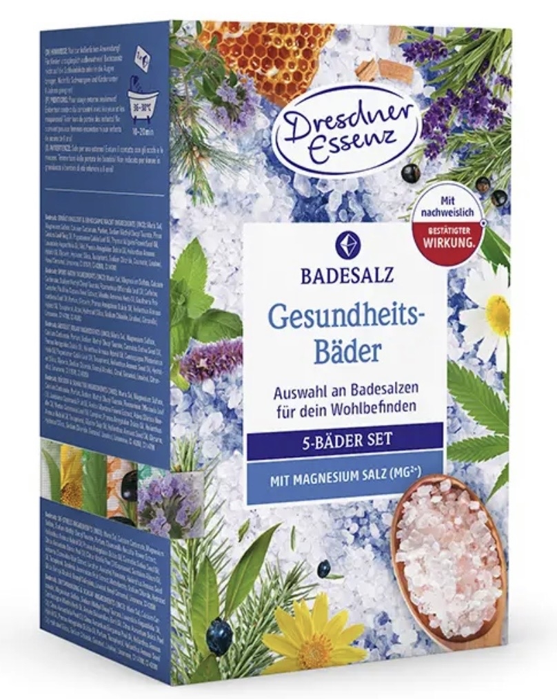 Skumbad med farger, Epsom salt og eteriske oljer. Esken inneholder 5 varianter med forskjellige virkninger, farger og dufter: Lavendel, Kamille, Einebær, Arnica & Furu, Timian & Honning. Uten SLS/SLES, parabener, PEG eller mineraloljer. 5 pakker á 60gram.